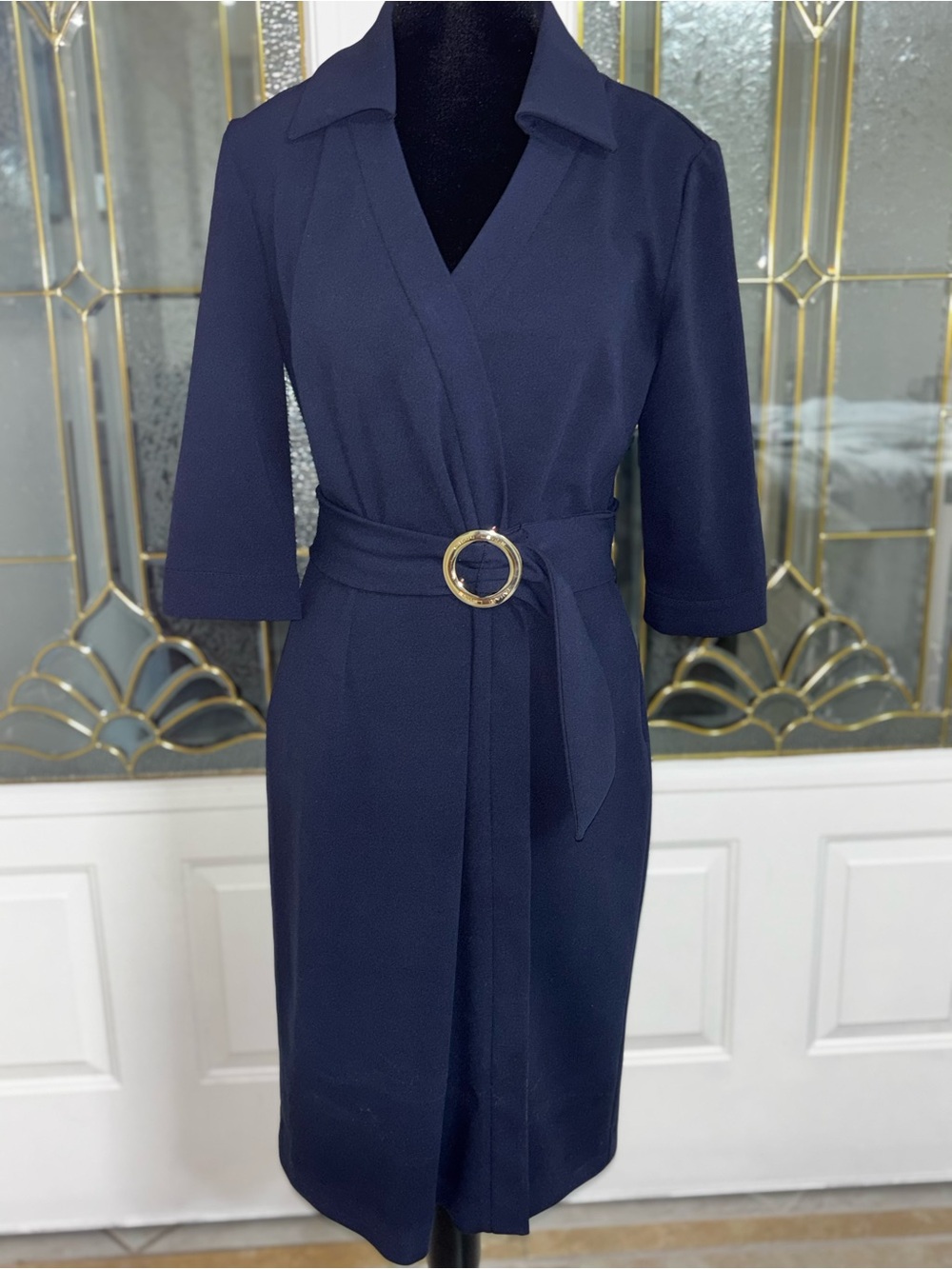 Classic Navy Wrap Midi Dress with Gold Buckle